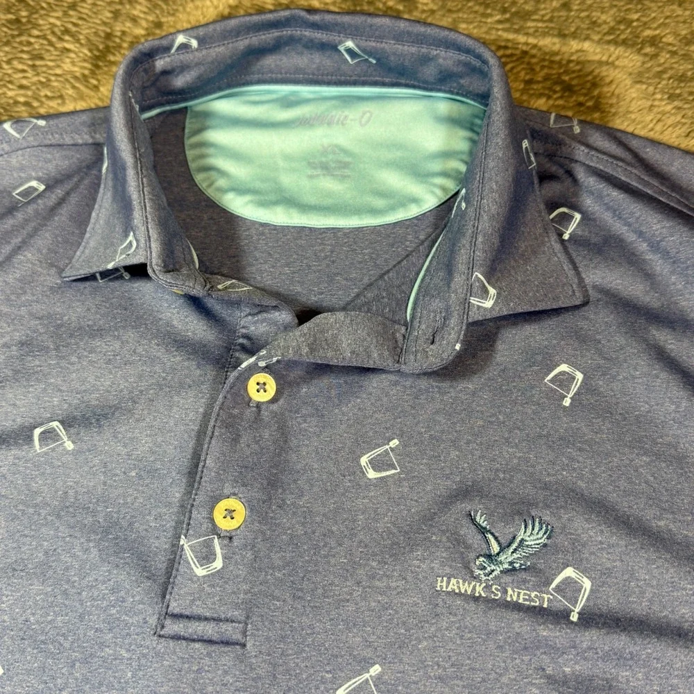 Johnnie-O Mens XL Blue Performance‎ Golf Polo Shirt Cocktail Print Hawks Nest